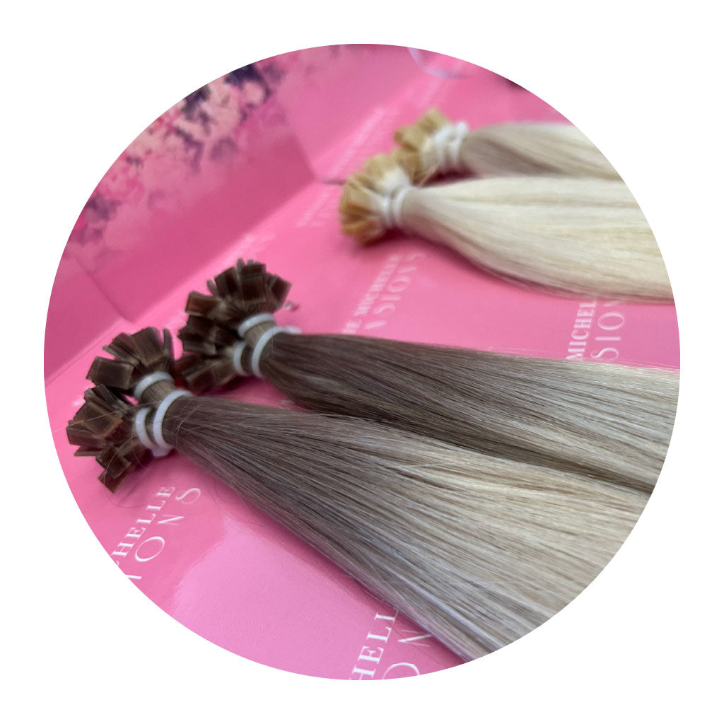 Photo close up of Natalie Michelle Keratin Bond Hair Extensions.