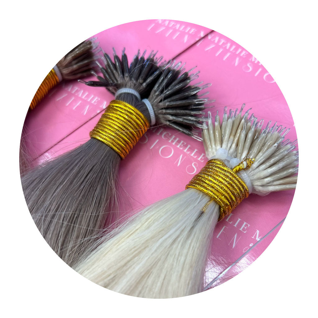Photo close up of Natalie Michelle Nano Bead Hair Extensions.