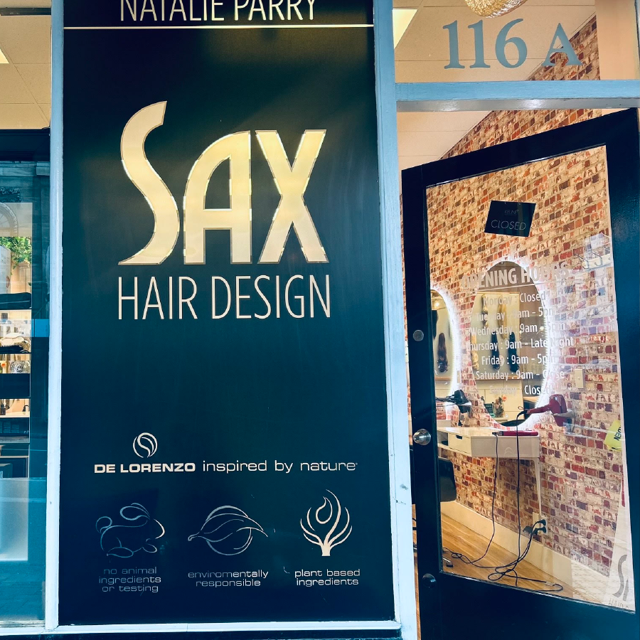 Photo of the shop frontage of Sax Hair Design salon in Dunedin.