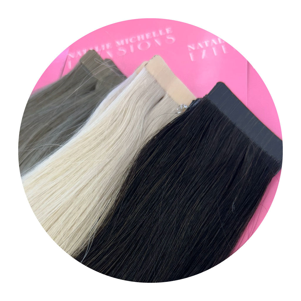 Photo close up of Natalie Michelle Tape-In Hair Extensions.