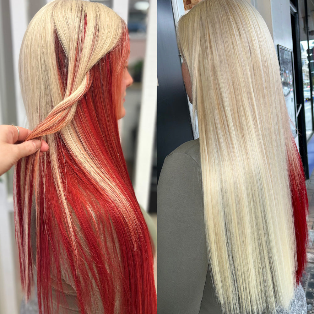 Before and after photos showing client before and after installation of Natalie Michelle Hair Extensions.