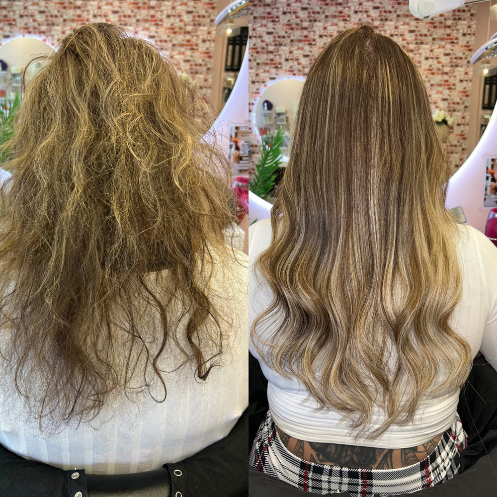 Before and after photos showing client before and after installation of Natalie Michelle Hair Extensions.