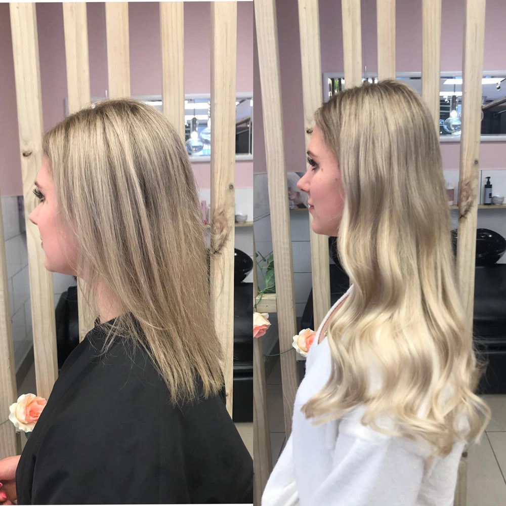 Before and after photos showing client before and after installation of Natalie Michelle Hair Extensions.