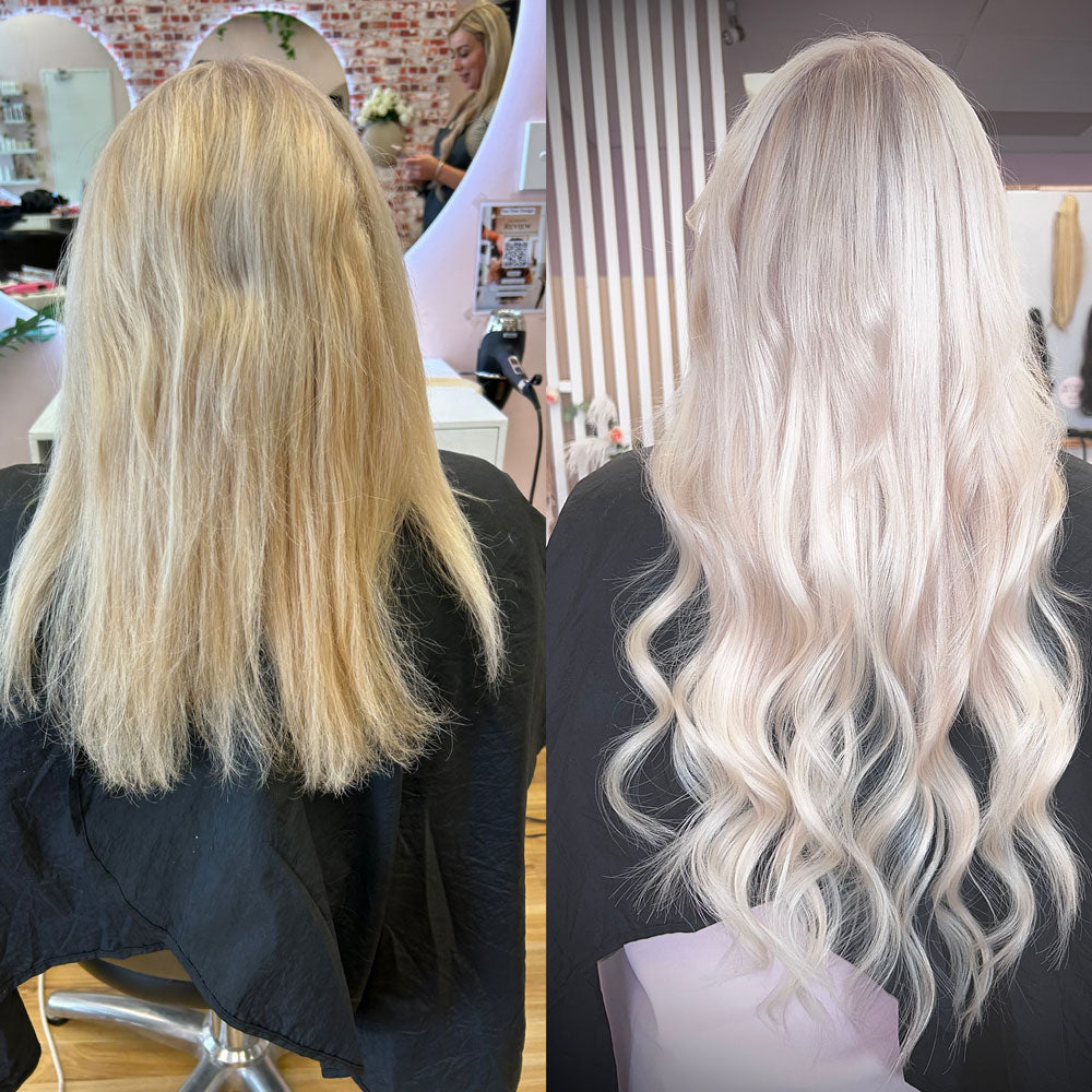 Before and after photos showing client before and after installation of Natalie Michelle Hair Extensions.