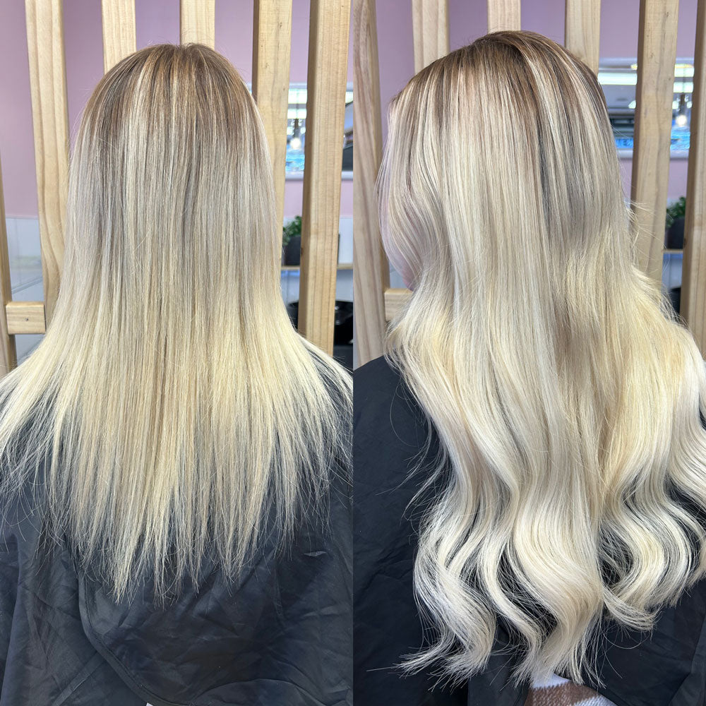Before and after photos showing client before and after installation of Natalie Michelle Hair Extensions.