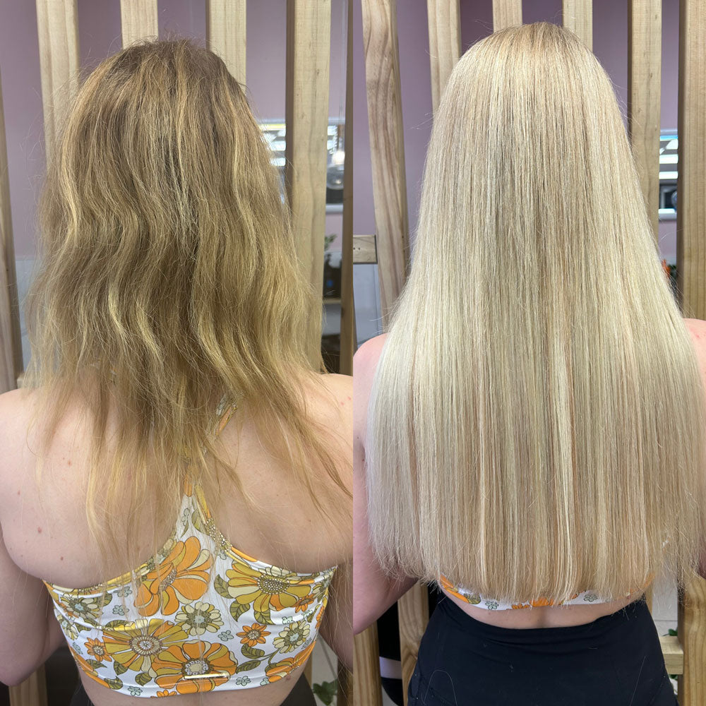 Before and after photos showing client before and after installation of Natalie Michelle Hair Extensions.