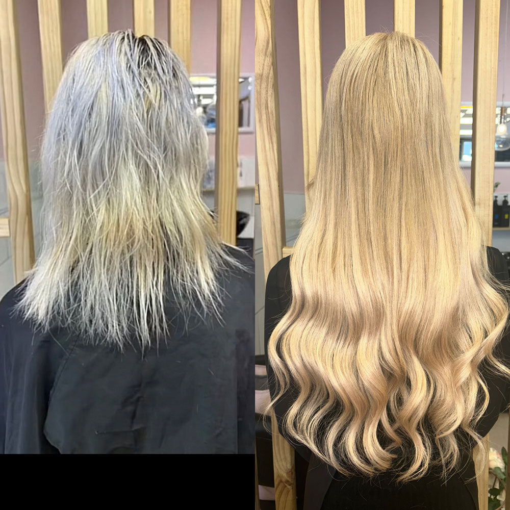Before and after photos showing client before and after installation of Natalie Michelle Hair Extensions.