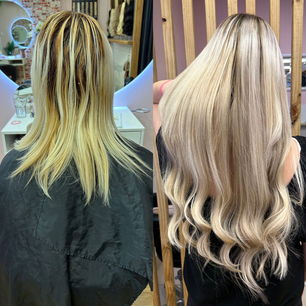 Before and after photos showing client before and after installation of Natalie Michelle Hair Extensions.