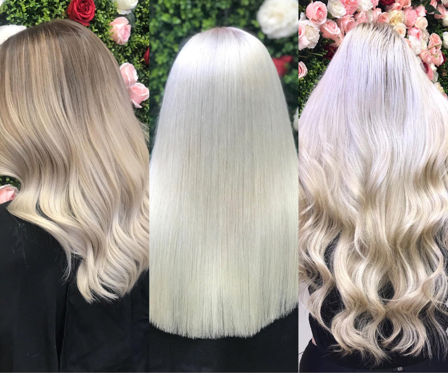 Photo of three clients of Sax Hair Design and Natalie Michelle Extensions. Back of heads with long blonde hair, two wavey and one smooth and straight.