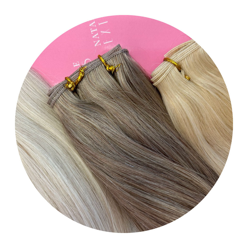 Photo close up of Natalie Michelle Genius Weft Hair Extensions.