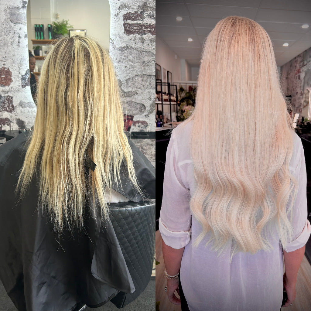 Before and after photo comparison of hair extension application. Before photo shows client with thin, dry hair. After photo shows client with long, smooth, shiny hair.