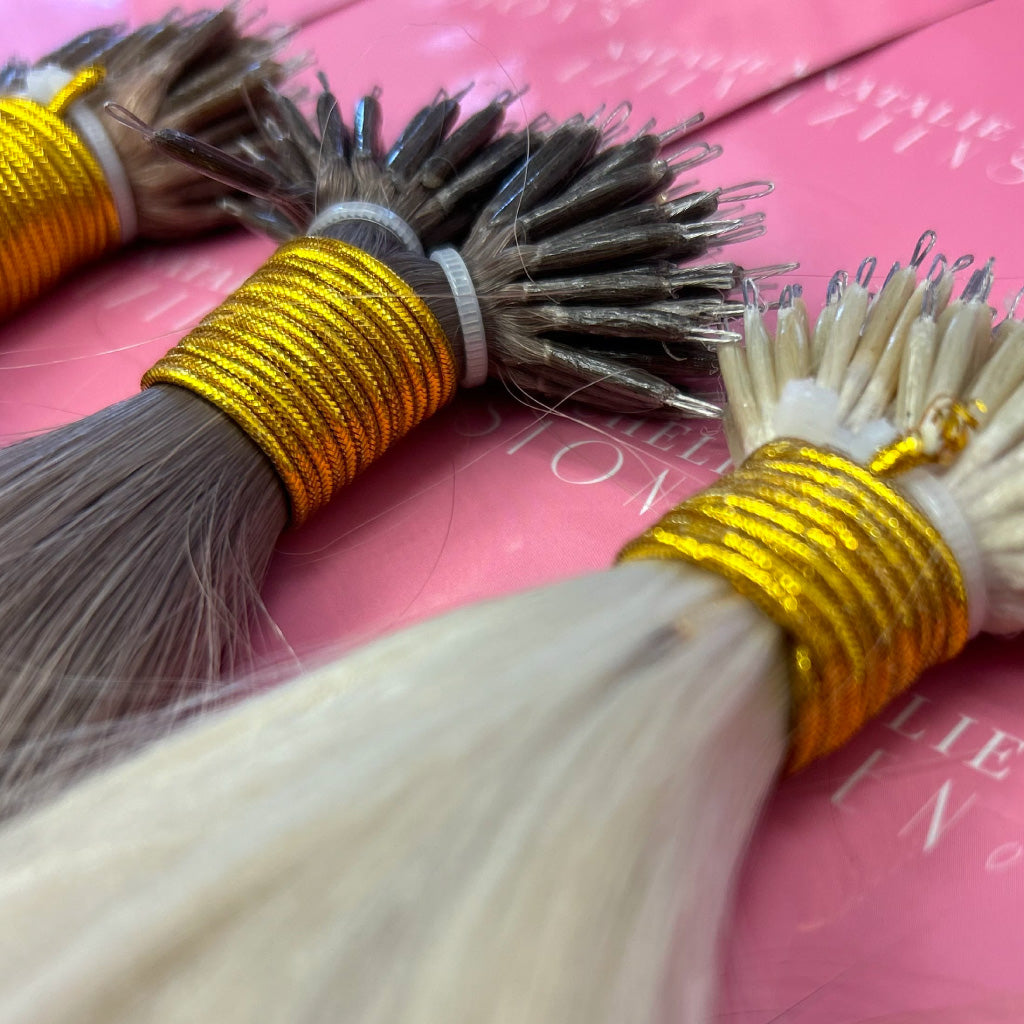 Photo showing close up of Natalie Michelle Nano Bead Hair Extensions.