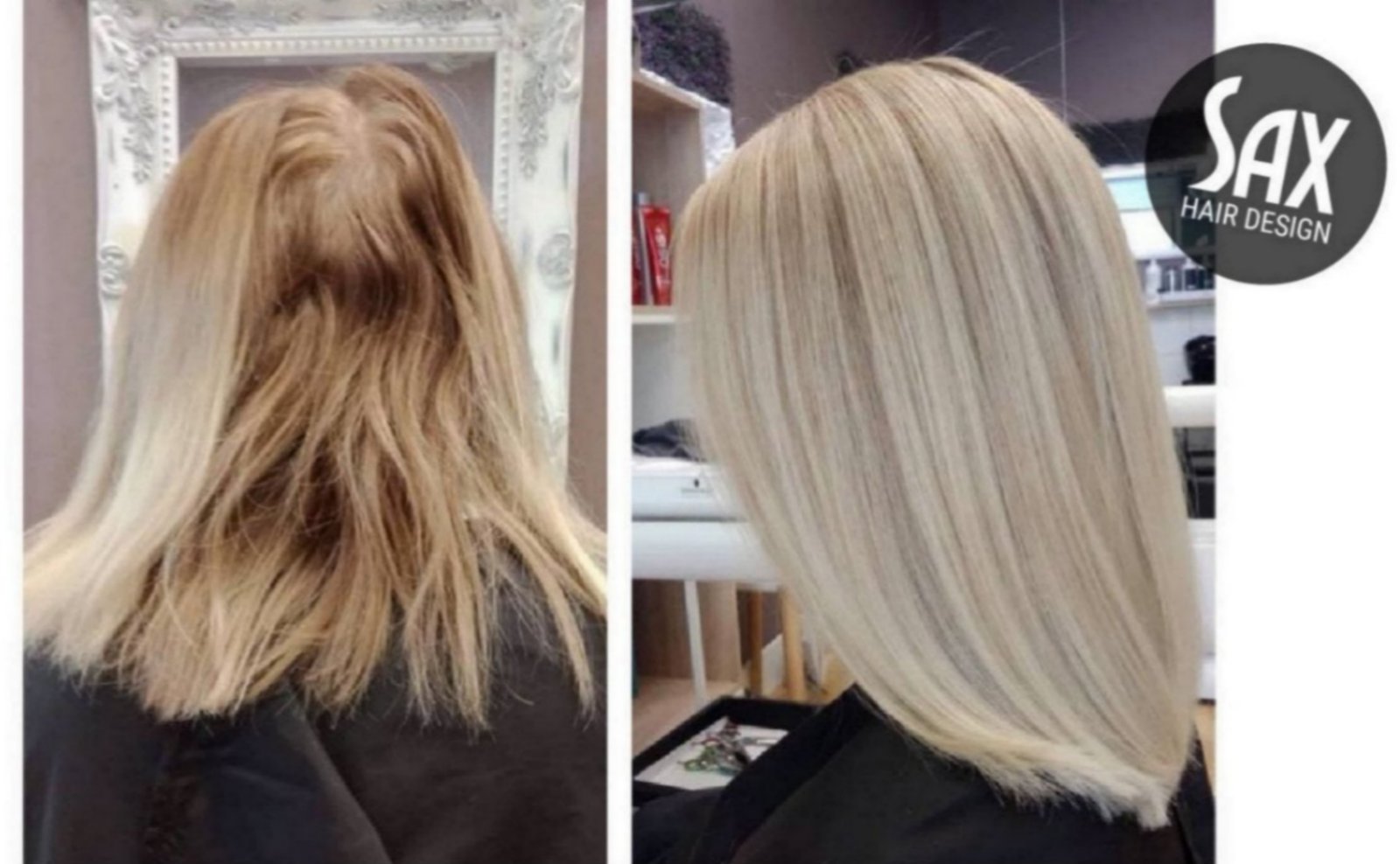 Before and after photos of client at Sax Hair Design. Before shows messy shoulder length blonde hair, after photo shows smooth, shiny blonde hair with highlights.