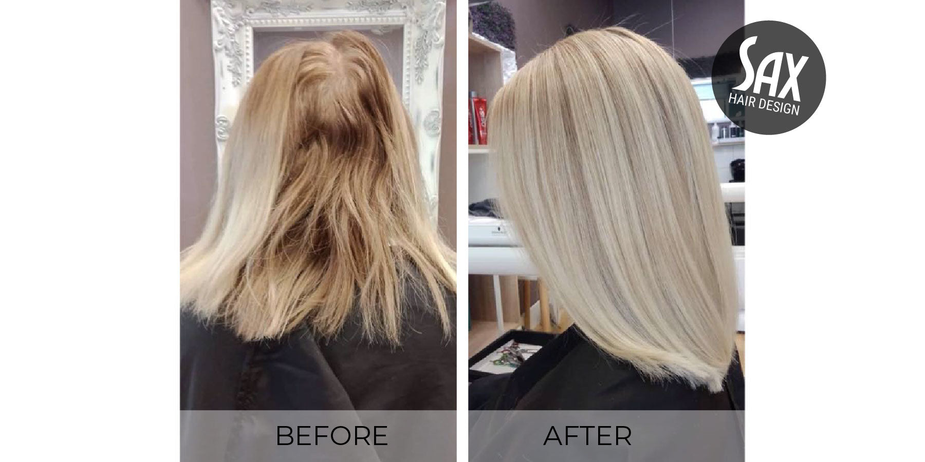 Before and after photos of client at Sax Hair Design. Before shows messy shoulder length blonde hair, after photo shows smooth, shiny blonde hair with highlights.