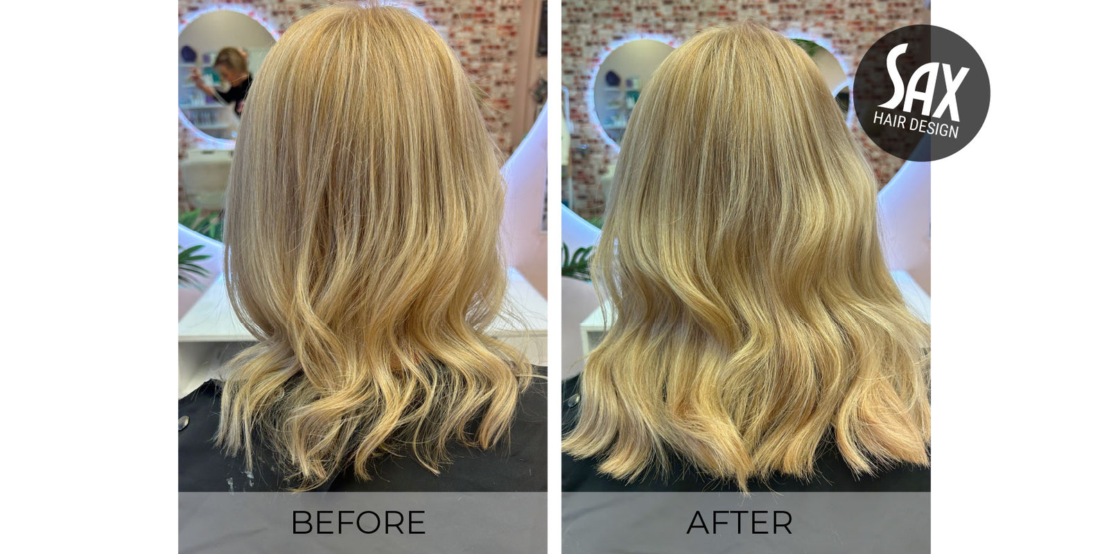 Before and after photos of client with blonde hair at appointment at Sax Hair Design.