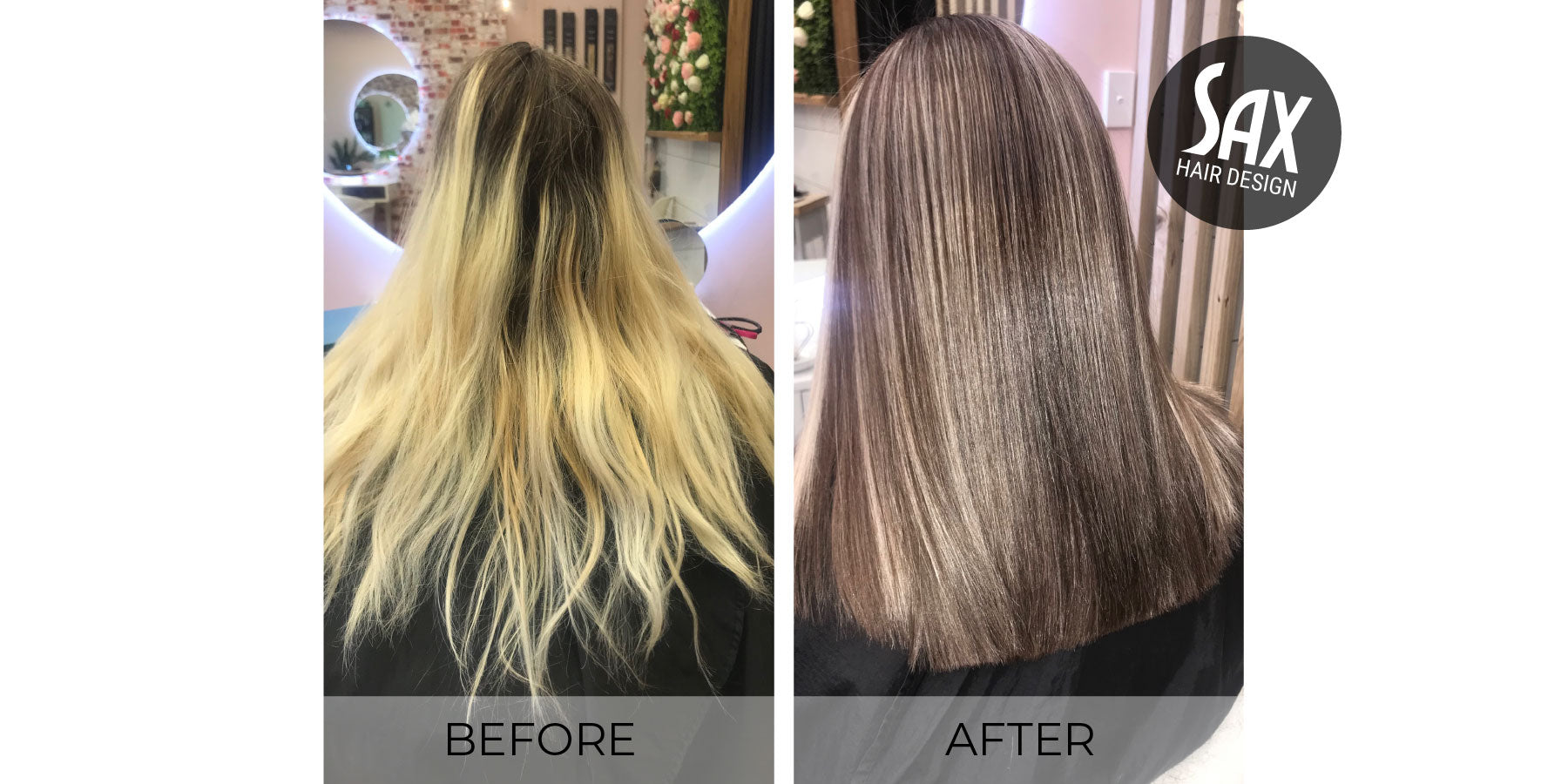 Before and after photos of client at Sax Hair Design. Before shows very long dry yellow blonde hair, after photo shows long smooth and shiny brown hair with highlights.