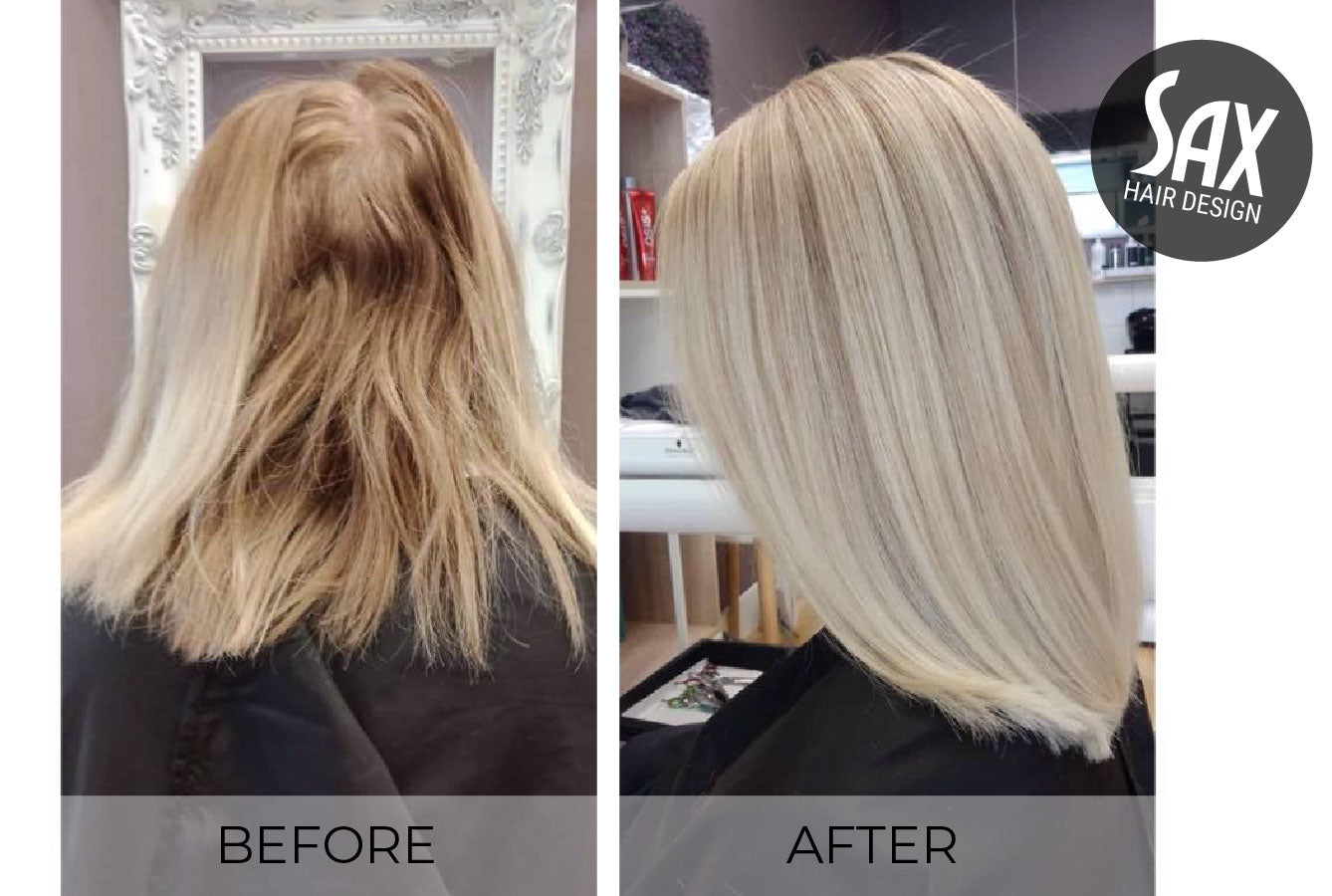 Before and after photos of client at Sax Hair Design. Before shows messy shoulder length blonde hair, after photo shows smooth, shiny blonde hair with highlights.