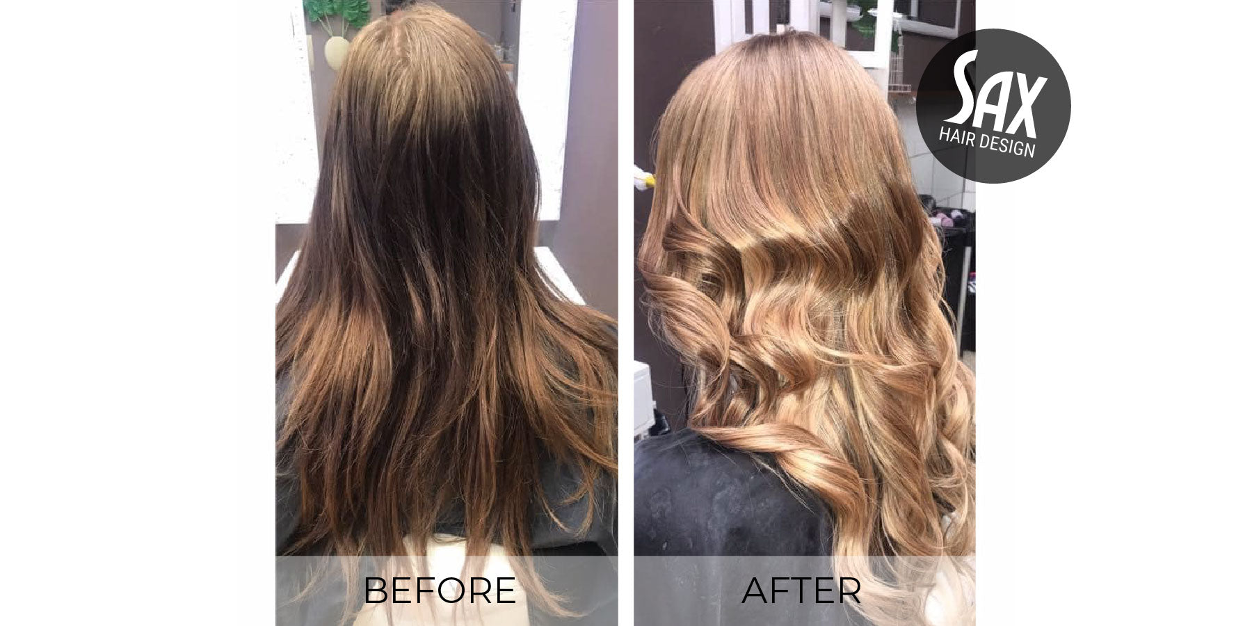 Before and after photos of client at Sax Hair Design. Before shows long brown hair, after photo shows long smooth and shiny light brown balayage hair.