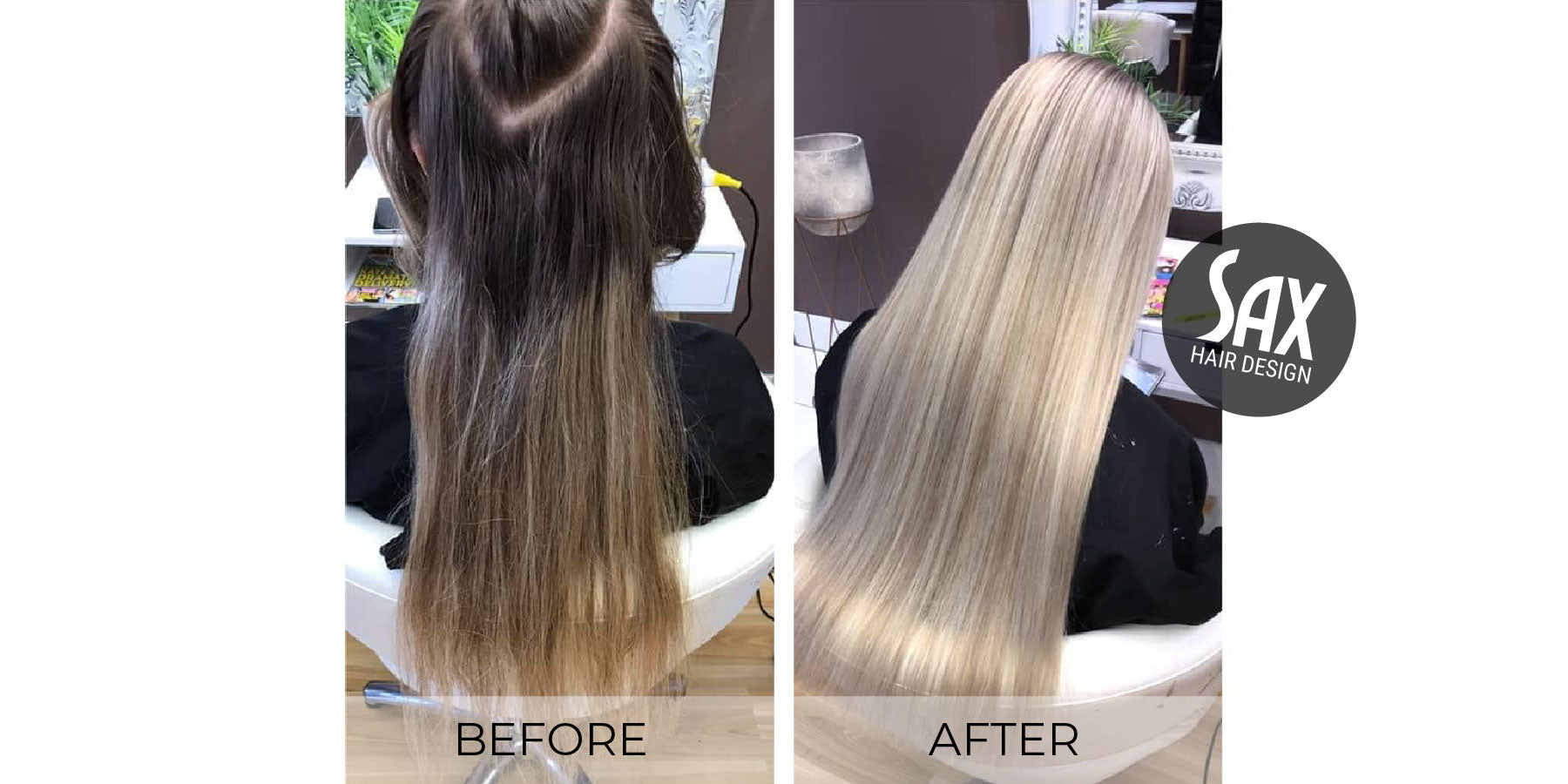 Before and after photos of client at Sax Hair Design. Before shows very long dry brown hair with dark roots, after photo shows very long, smooth, shiny blonde hair.