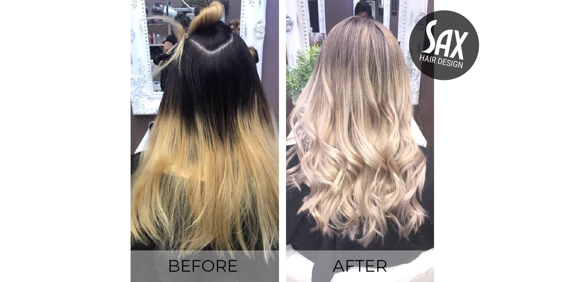 Before and after photos of client at Sax Hair Design. Before shows long warm blonde hair with long black roots, after photo shows long, wavey blonde ombre hair.