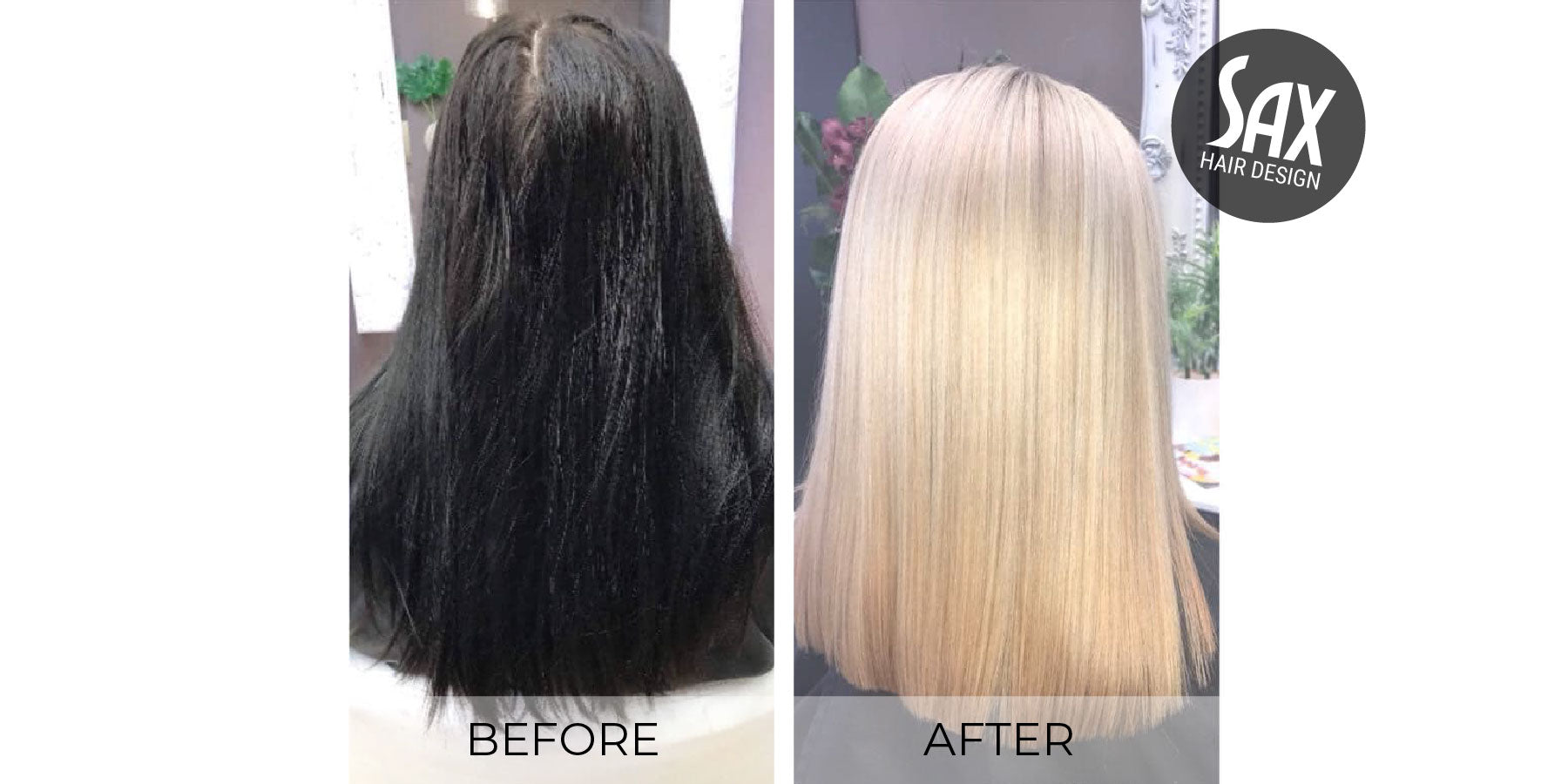 Before and after photos of client with long black hair before, and long smooth blonde hair after appointment at Sax Hair Design.