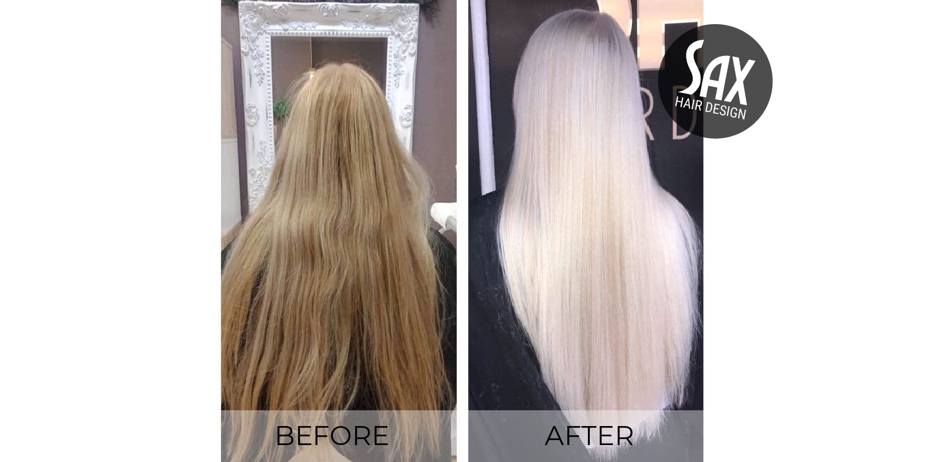 Before and after photos of client at Sax Hair Design. Before shows very long dry blond hair, after photo shows long smooth white blonde hair.