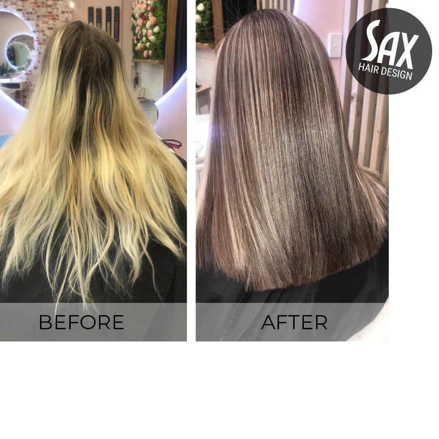 Before and after photos of client at Sax Hair Design. Before shows very long dry yellow blonde hair, after photo shows long smooth and shiny brown hair with highlights.