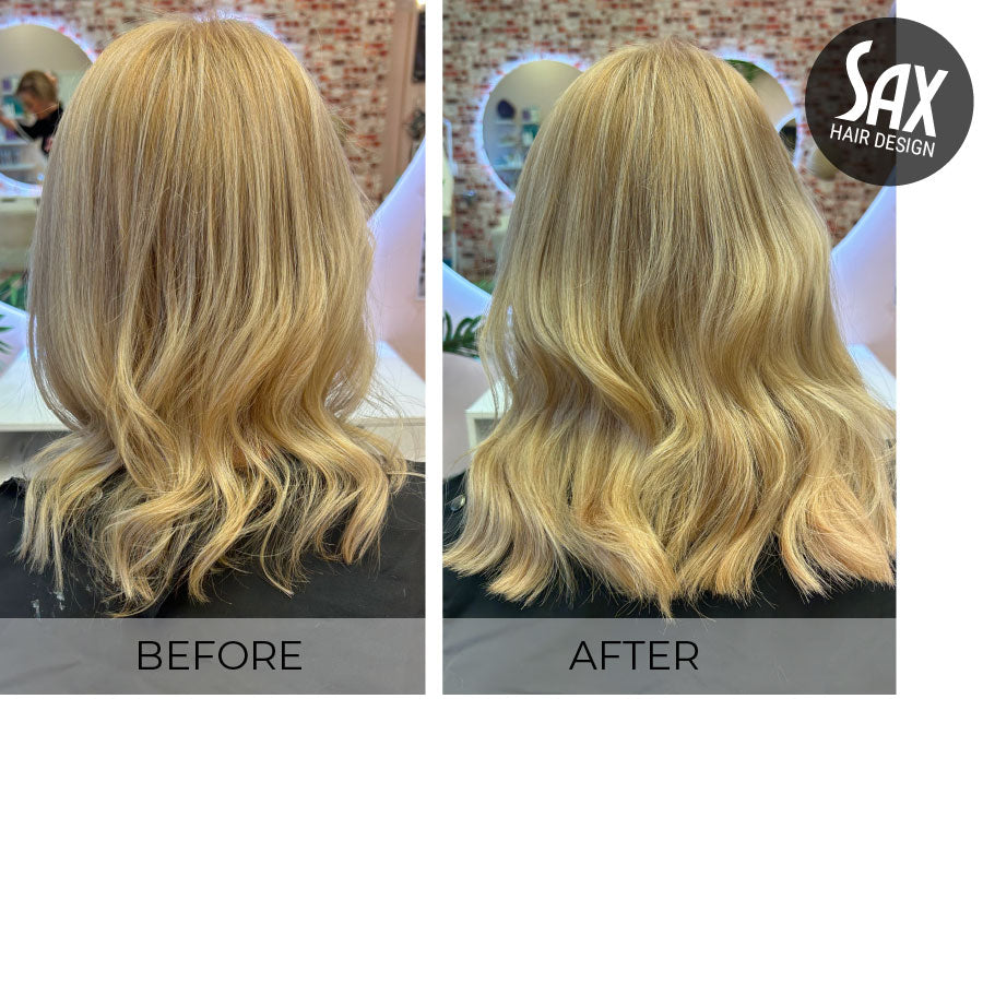 Before and after photos of client with blonde hair at appointment at Sax Hair Design.