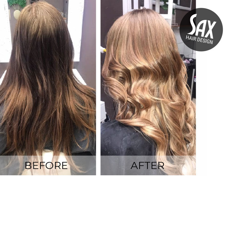 Before and after photos of client at Sax Hair Design. Before shows long brown hair, after photo shows long smooth and shiny light brown balayage hair.