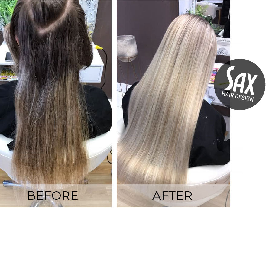 Before and after photos of client at Sax Hair Design. Before shows very long dry brown hair with dark roots, after photo shows very long, smooth, shiny blonde hair.