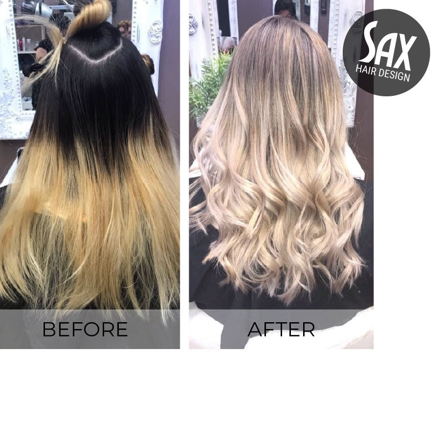 Before and after photos of client at Sax Hair Design. Before shows long warm blonde hair with long black roots, after photo shows long, wavey blonde ombre hair.