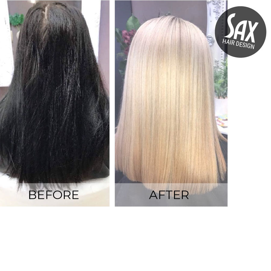 Before and after photos of client with long black hair before, and long smooth blonde hair after appointment at Sax Hair Design.