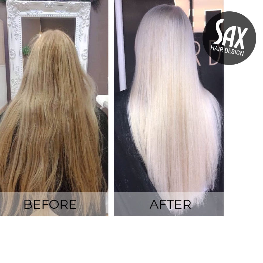 Before and after photos of client at Sax Hair Design. Before shows very long dry blond hair, after photo shows long smooth white blonde hair.