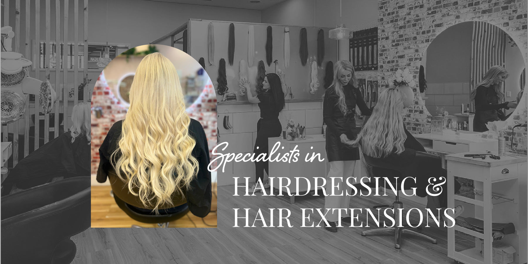 Background photo of Sax Hair Design salon with two stylists and one client sitting in chair, having hair done. Foreground photo of client from behind, with long blond hair with waves. Heading says Specialists in Hairdressing and Hair Extensions.
