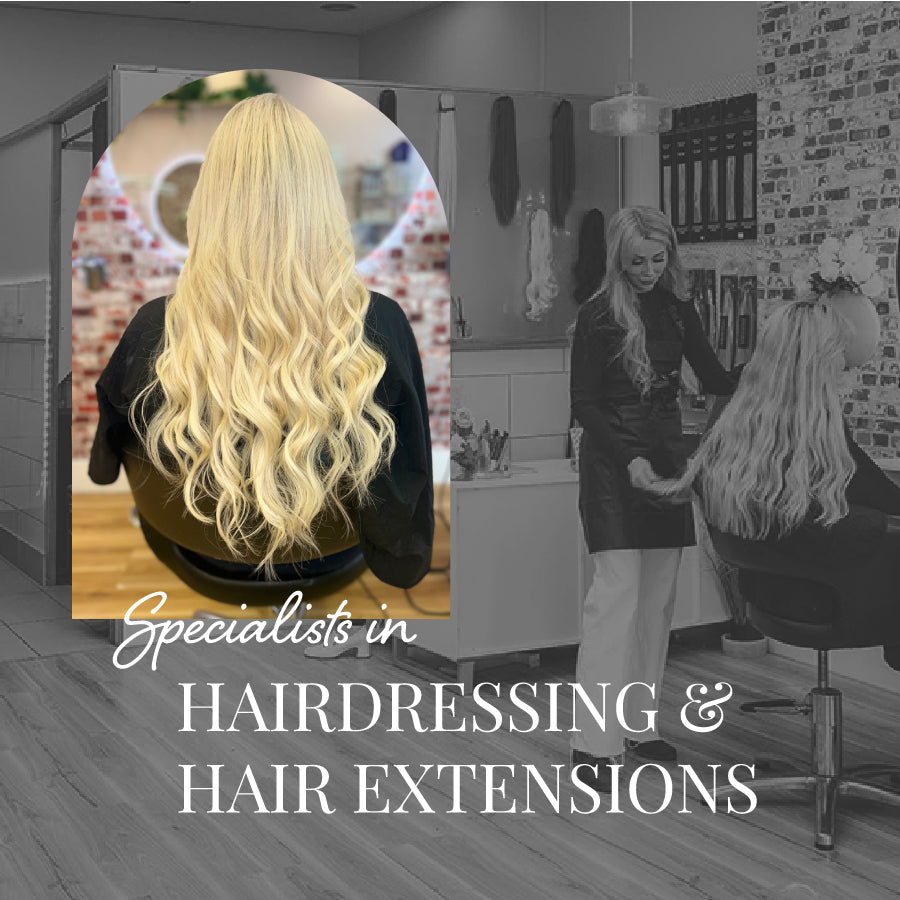 Background photo of Sax Hair Design salon with a stylist standing and a client sitting in chair, having hair done. Foreground photo of client from behind, with long blond hair with waves. Heading says Specialists in Hairdressing and Hair Extensions.