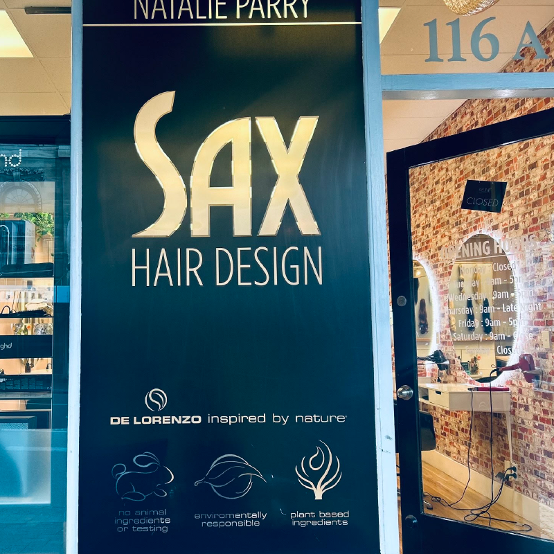 Photo of store frontage of Sax Hair Design salon in Dunedin.