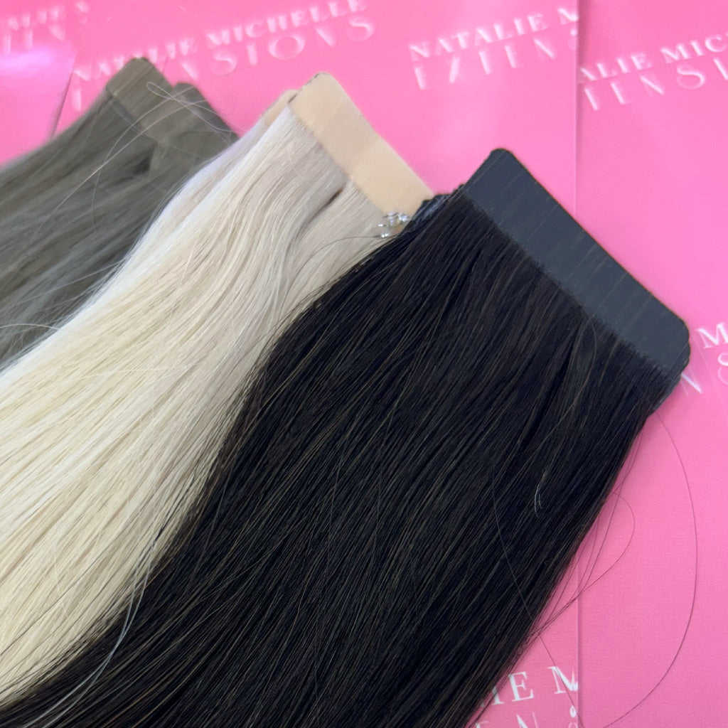 Photo showing close up of  Natalie Michelle Tape-In Hair Extensions.