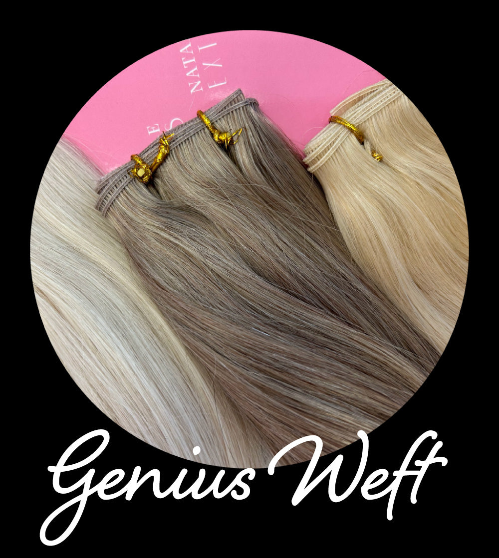 Photo of genius weft hair extensions. Link to genius weft information page.