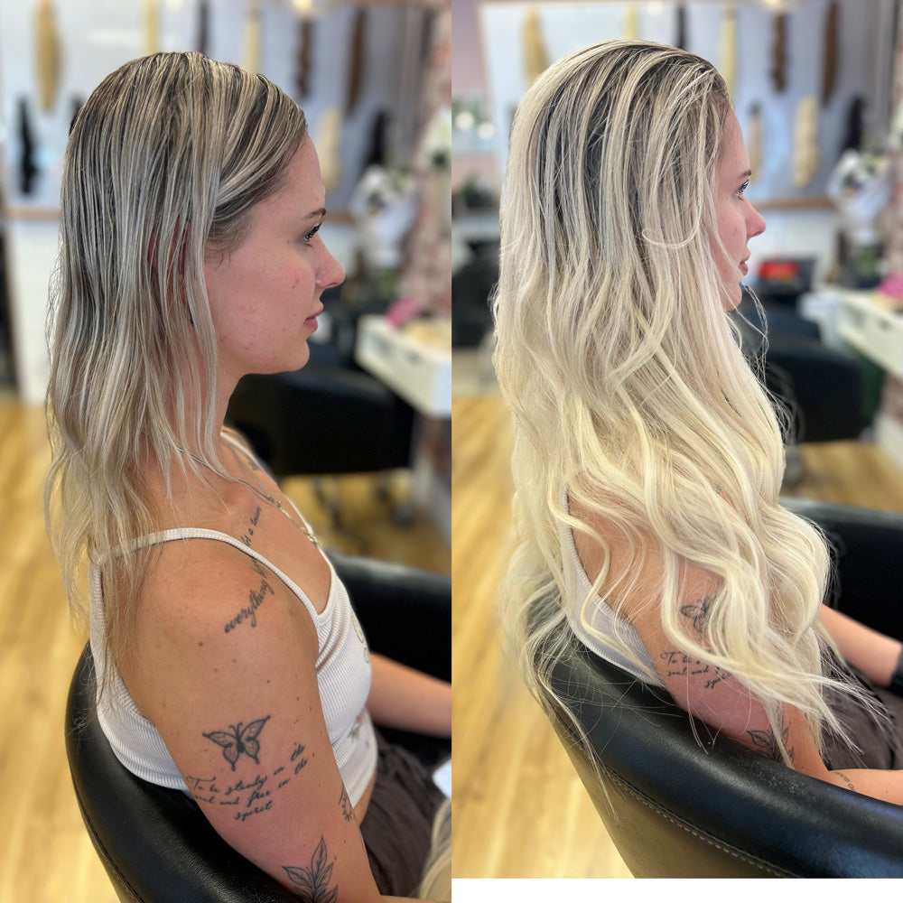 Before and after photos showing client before and after installation of Natalie Michelle Hair Extensions.