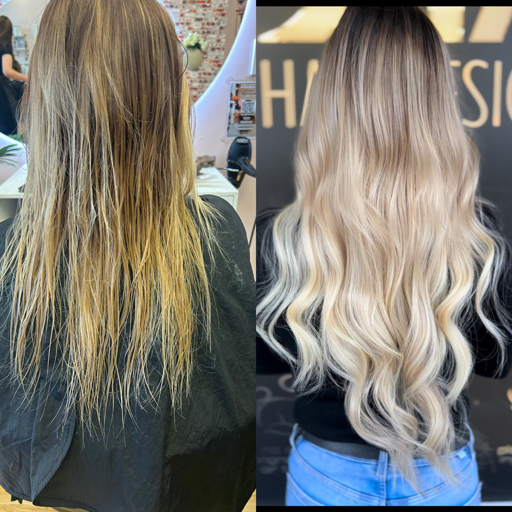 Before and after photos showing client before and after installation of Natalie Michelle Hair Extensions.