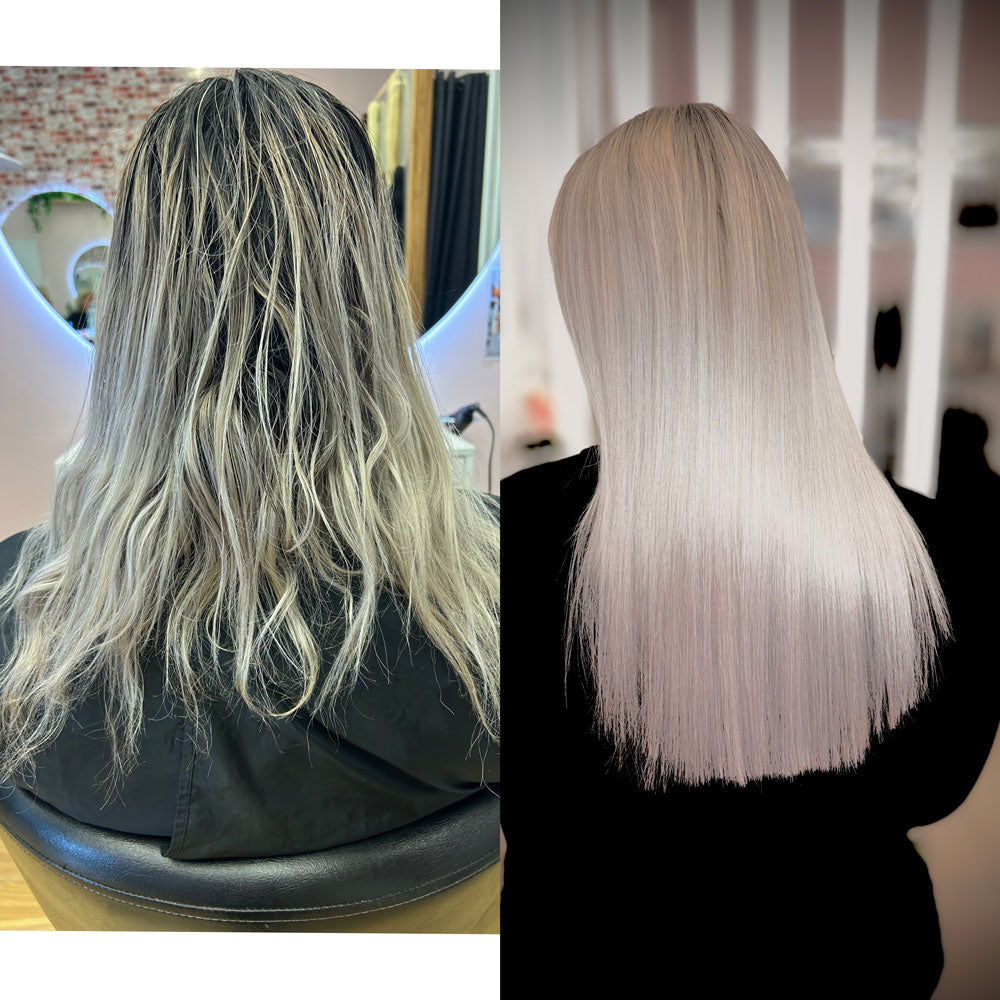 Before and after photos showing client before and after installation of Natalie Michelle Hair Extensions.