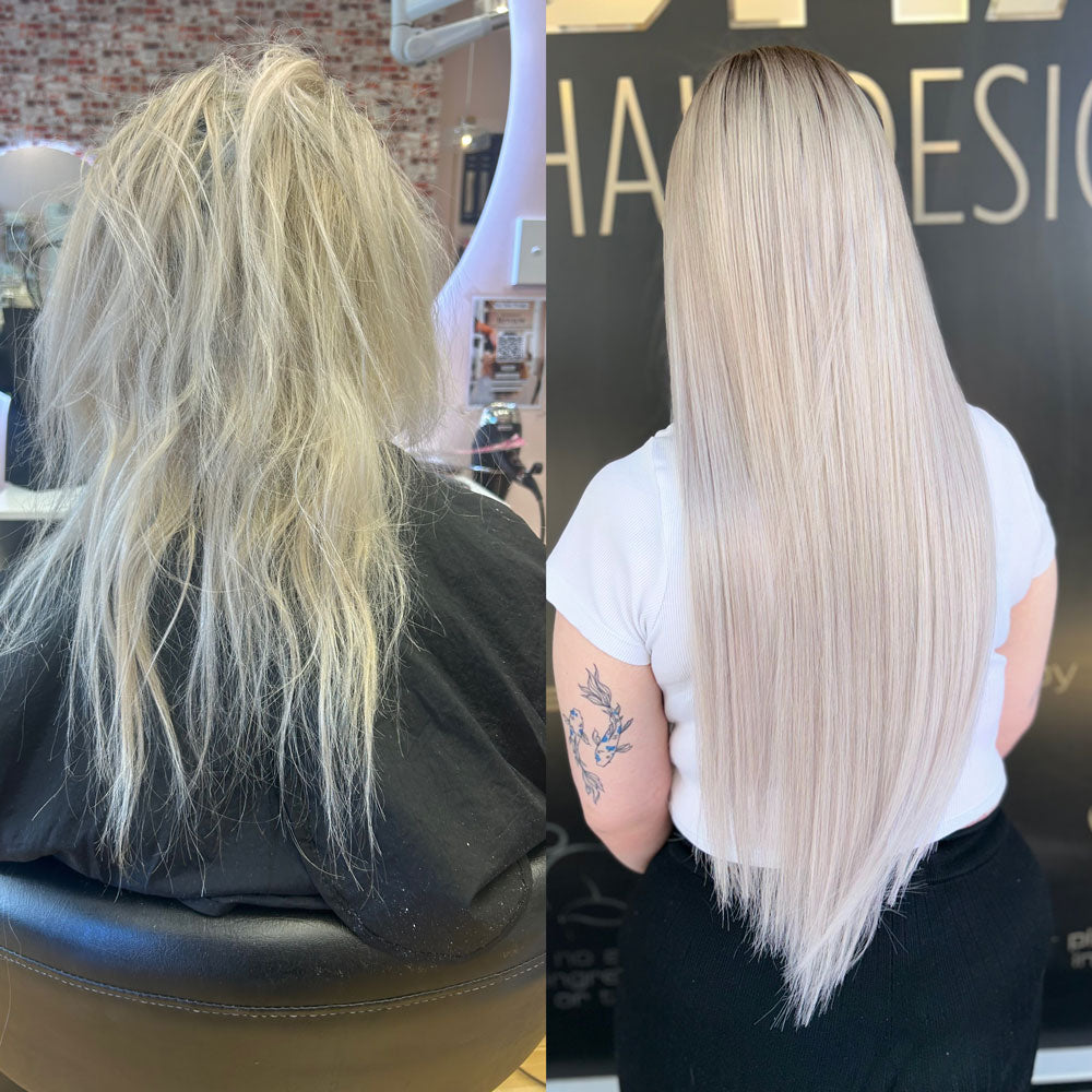 Before and after photos showing client before and after installation of Natalie Michelle Hair Extensions.