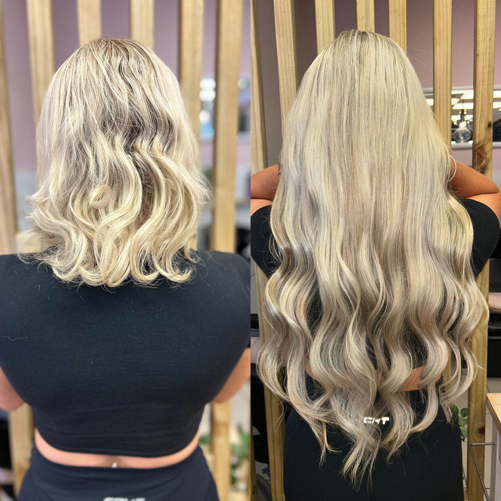 Before and after photos showing client before and after installation of Natalie Michelle Hair Extensions.
