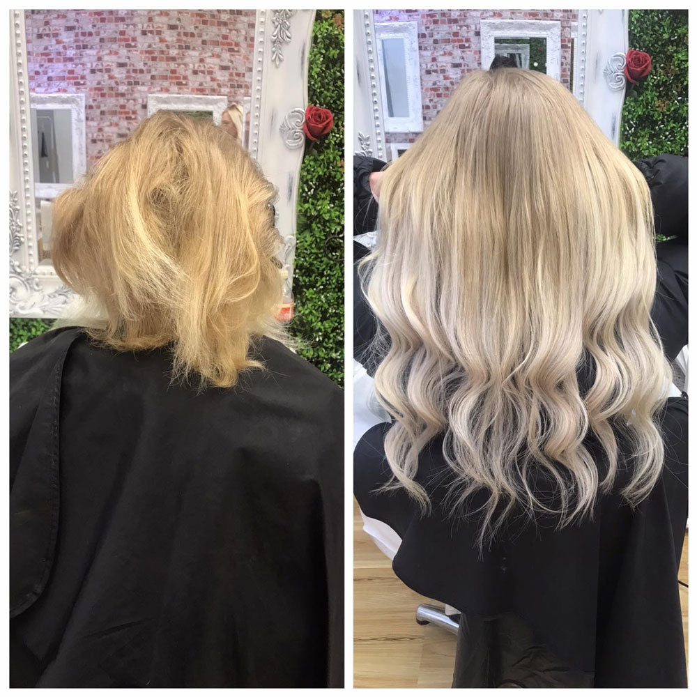 Before and after photos showing client before and after installation of Natalie Michelle Hair Extensions.