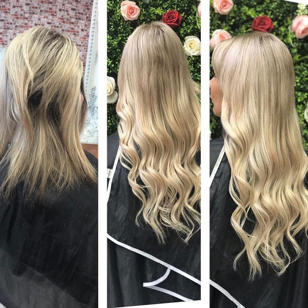 Before and after photos showing client before and after installation of Natalie Michelle Hair Extensions.