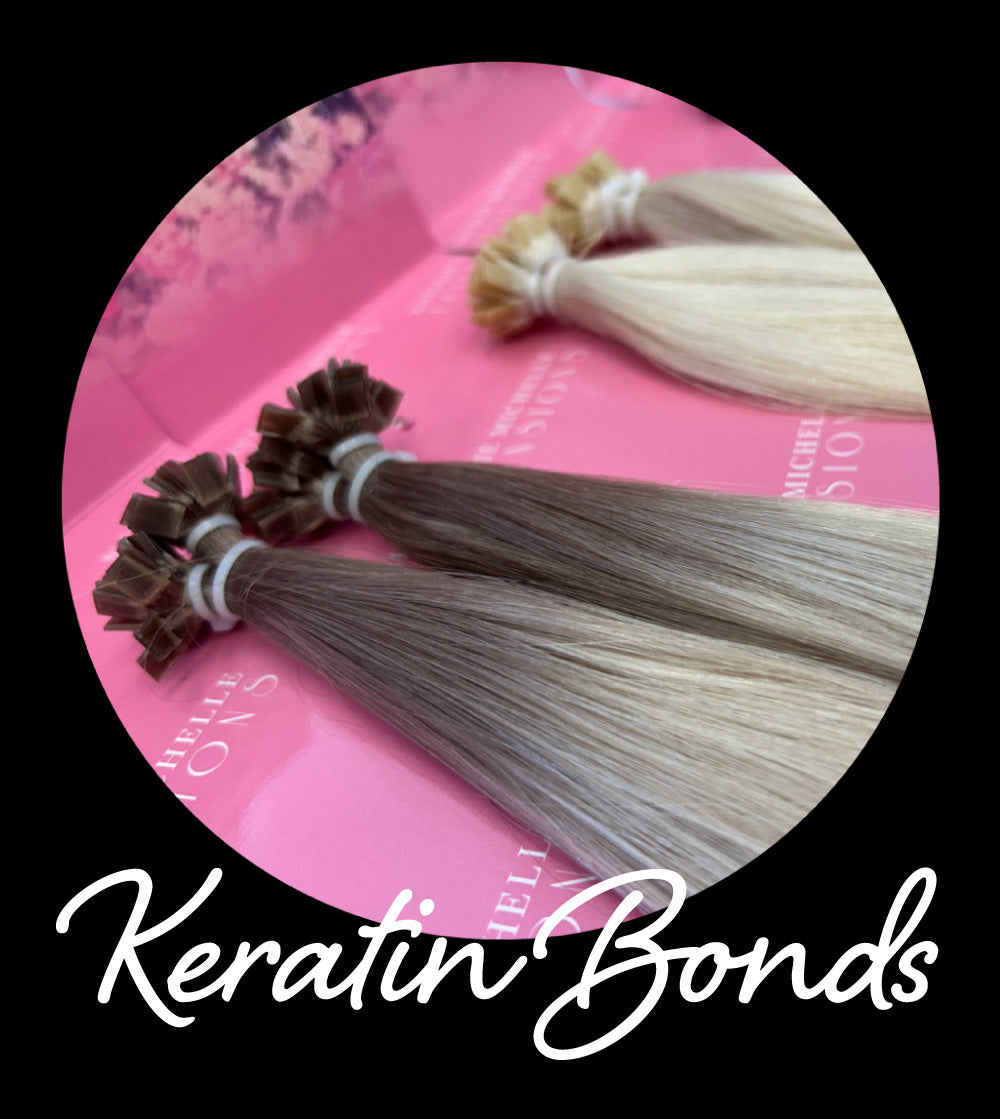 Photo of keratin bond hair extensions. Link to keratin bonds information page.