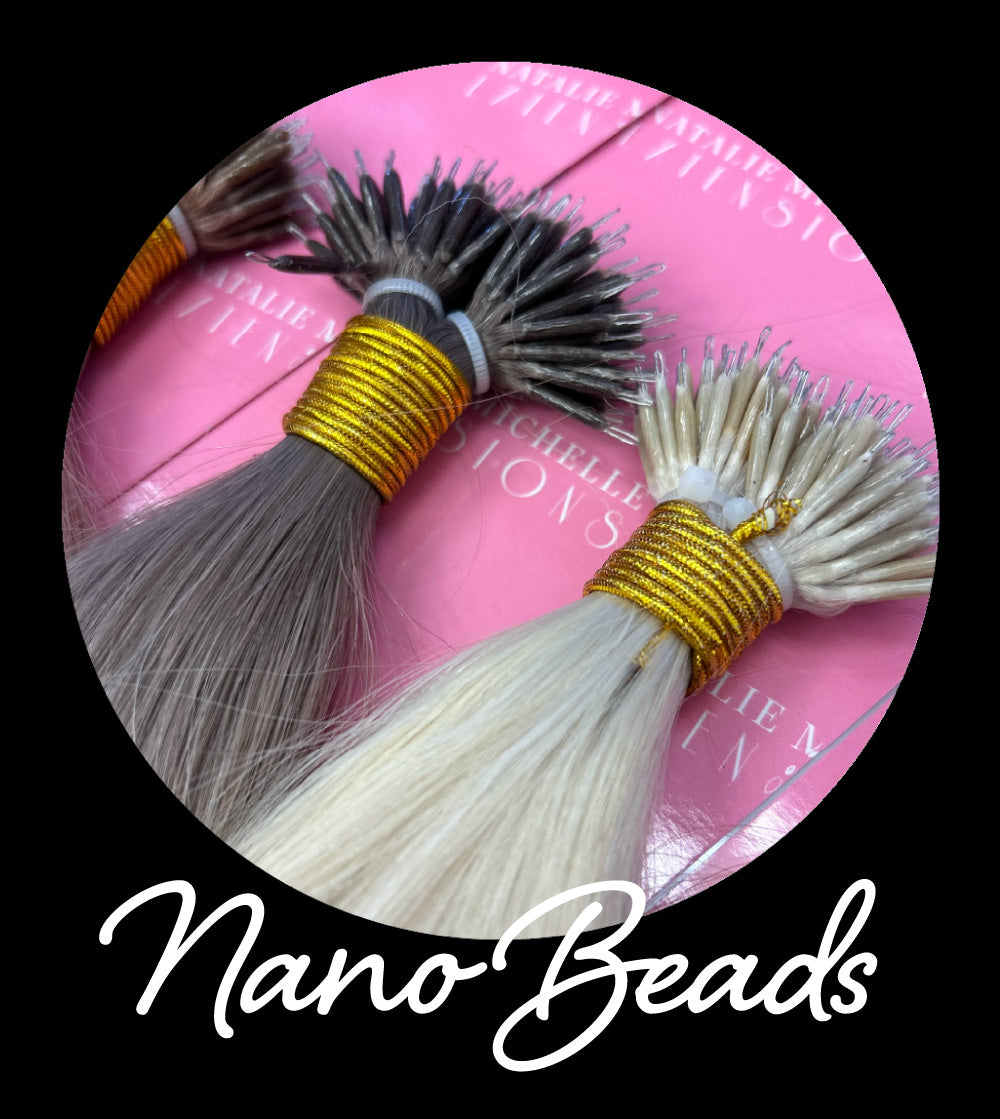 Photo of nano bead hair extensions. Link to nano bead information page.