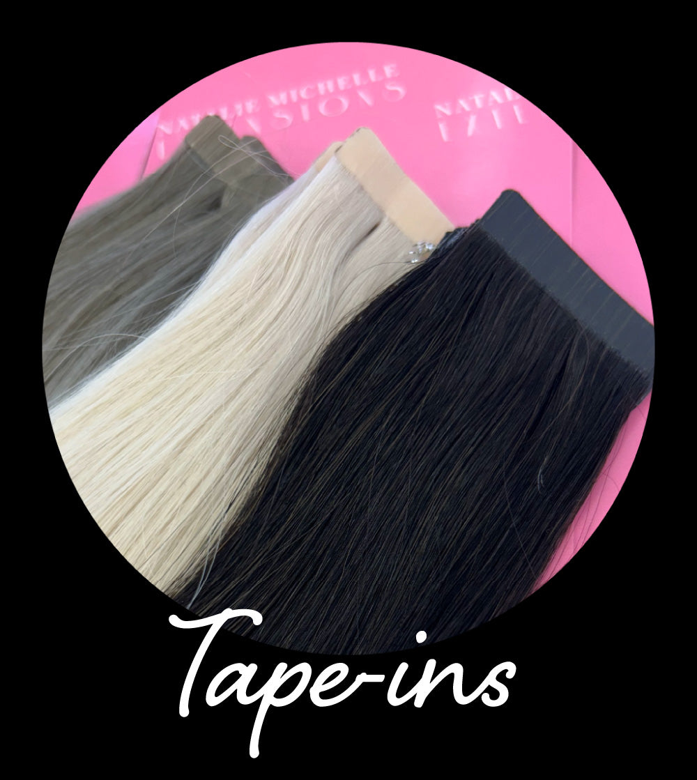 Photo of tape-in hair extensions. Link to Tape-ins information page.
