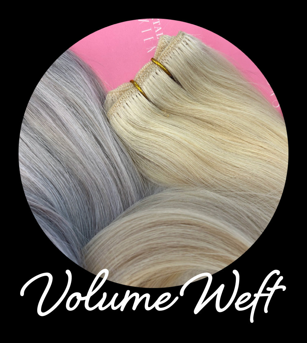 Photo of volume weft hair extensions. Link to volume weft information page.